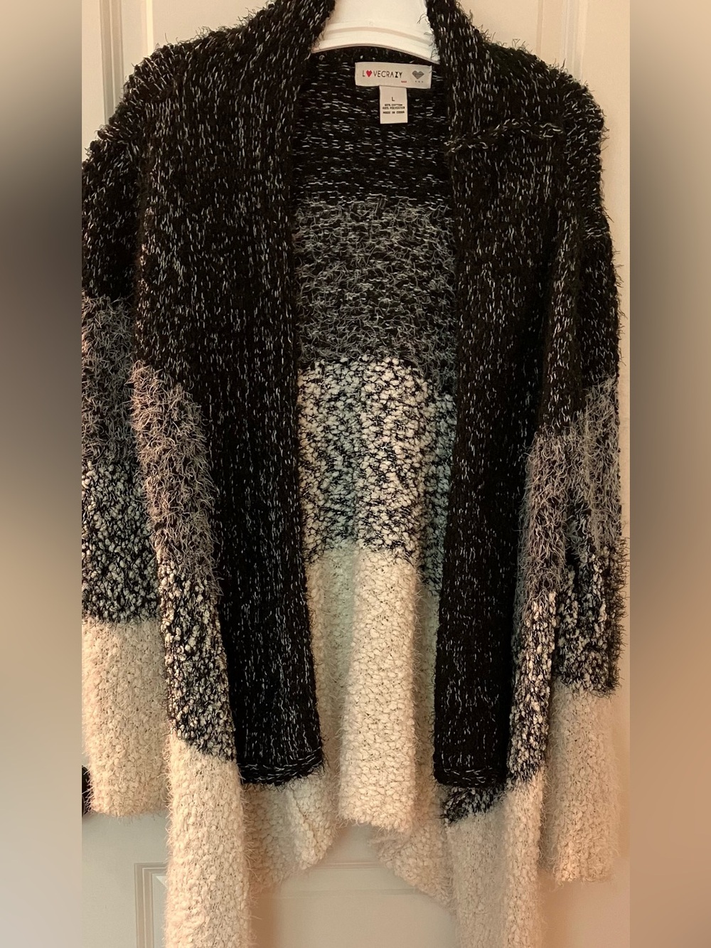 LoveCrazy Women’s Color-Block Knit Open Front Cardigan Black Gray Cream Size L